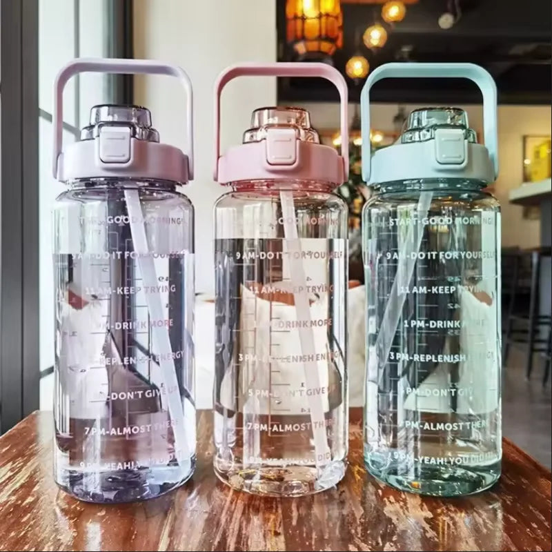 2 Liter Water Bottle - Large Portable Plastic Bottle with Silicone Straw for Fitness - ZOOMNSTORE