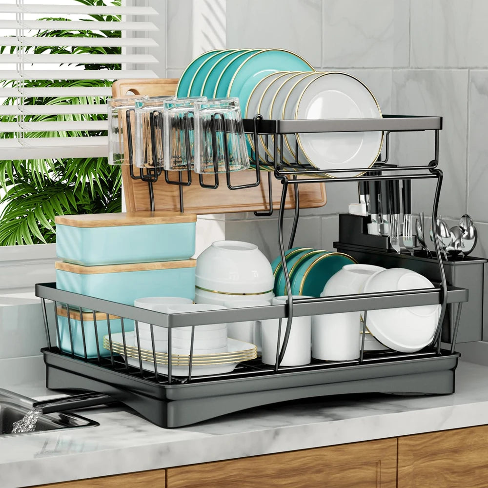 2-Tier Dish Drying Rack - Large Capacity Metal Kitchen Countertop Organizer - ZOOMNSTORE