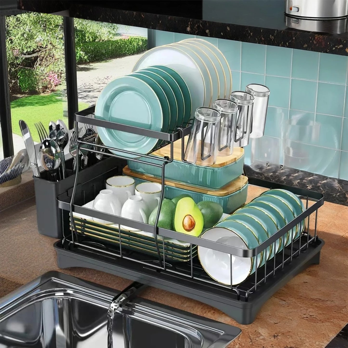 2-Tier Dish Drying Rack - Large Capacity Metal Kitchen Countertop Organizer - ZOOMNSTORE