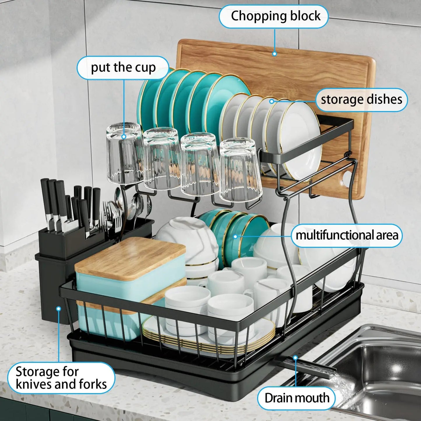 2-Tier Dish Drying Rack - Large Capacity Metal Kitchen Countertop Organizer - ZOOMNSTORE