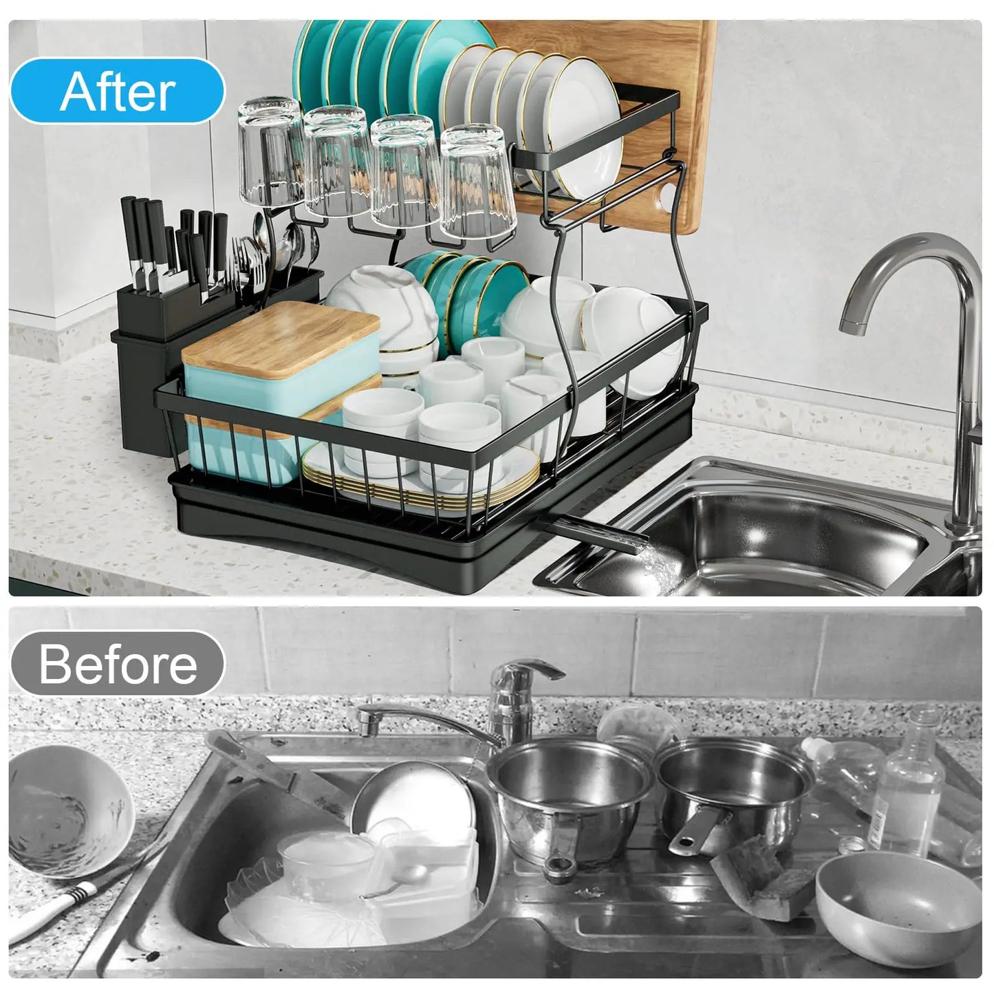 2-Tier Dish Drying Rack - Large Capacity Metal Kitchen Countertop Organizer - ZOOMNSTORE