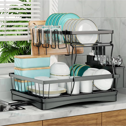 2-Tier Dish Drying Rack - Large Capacity Metal Kitchen Countertop Organizer - ZOOMNSTORE
