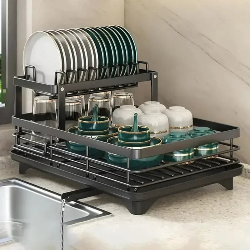 2 Tier Dish Rack - Adjustable Kitchen Utensil Organizer | Space Saving Dish Drainer Storage - ZOOMNSTORE