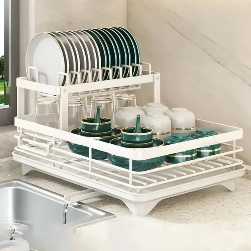 2 Tier Dish Rack - Adjustable Kitchen Utensil Organizer | Space Saving Dish Drainer Storage - ZOOMNSTORE