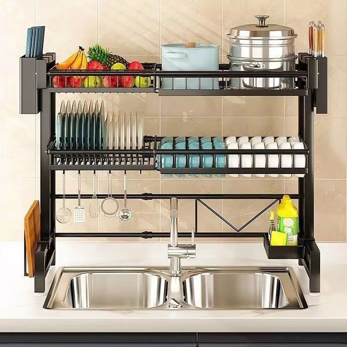 Stretchable 2-Tier Kitchen Sink Storage Rack - Multifunctional Dish Organizer - ZOOMNSTORE