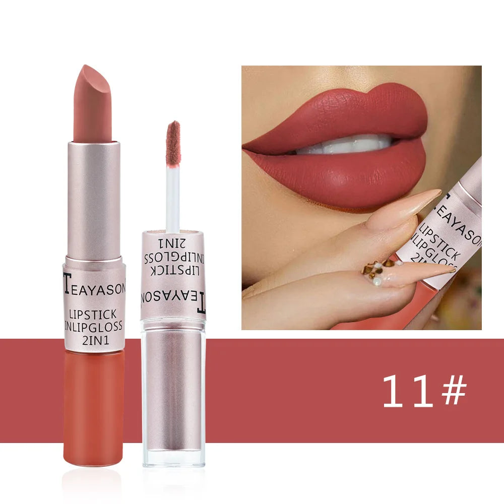 2-in-1 Matte Red Lipstick  Gloss - Long Lasting Velvet Waterproof Makeup - ZOOMNSTORE