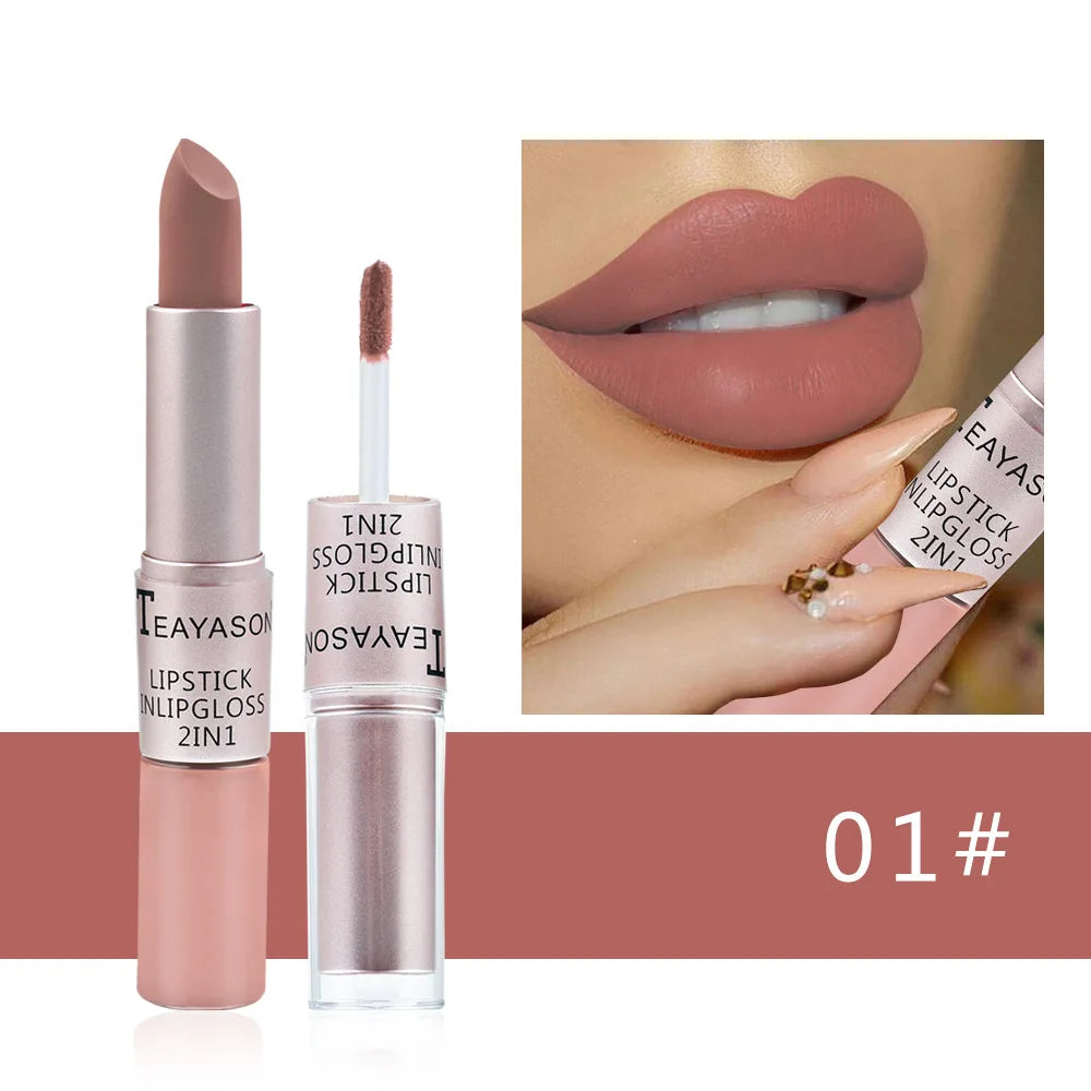 2-in-1 Matte Red Lipstick  Gloss - Long Lasting Velvet Waterproof Makeup - ZOOMNSTORE