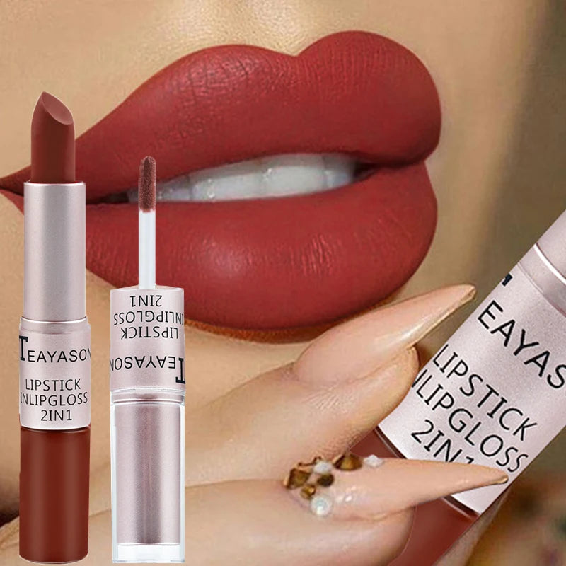 2-in-1 Matte Red Lipstick  Gloss - Long Lasting Velvet Waterproof Makeup - ZOOMNSTORE
