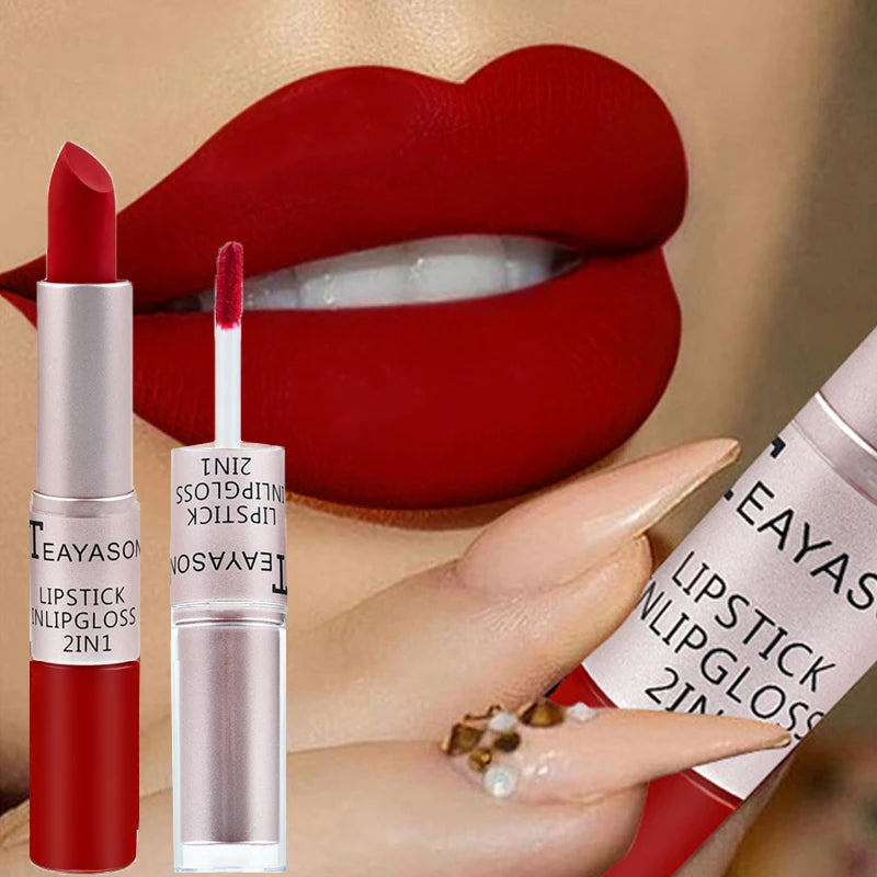 2-in-1 Matte Red Lipstick  Gloss - Long Lasting Velvet Waterproof Makeup - ZOOMNSTORE