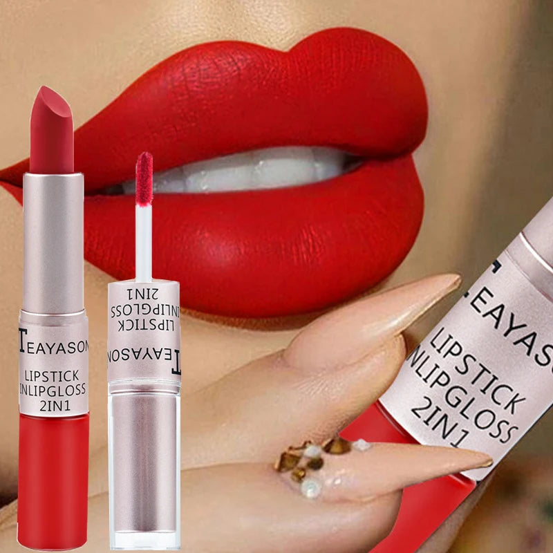 2-in-1 Matte Red Lipstick  Gloss - Long Lasting Velvet Waterproof Makeup - ZOOMNSTORE