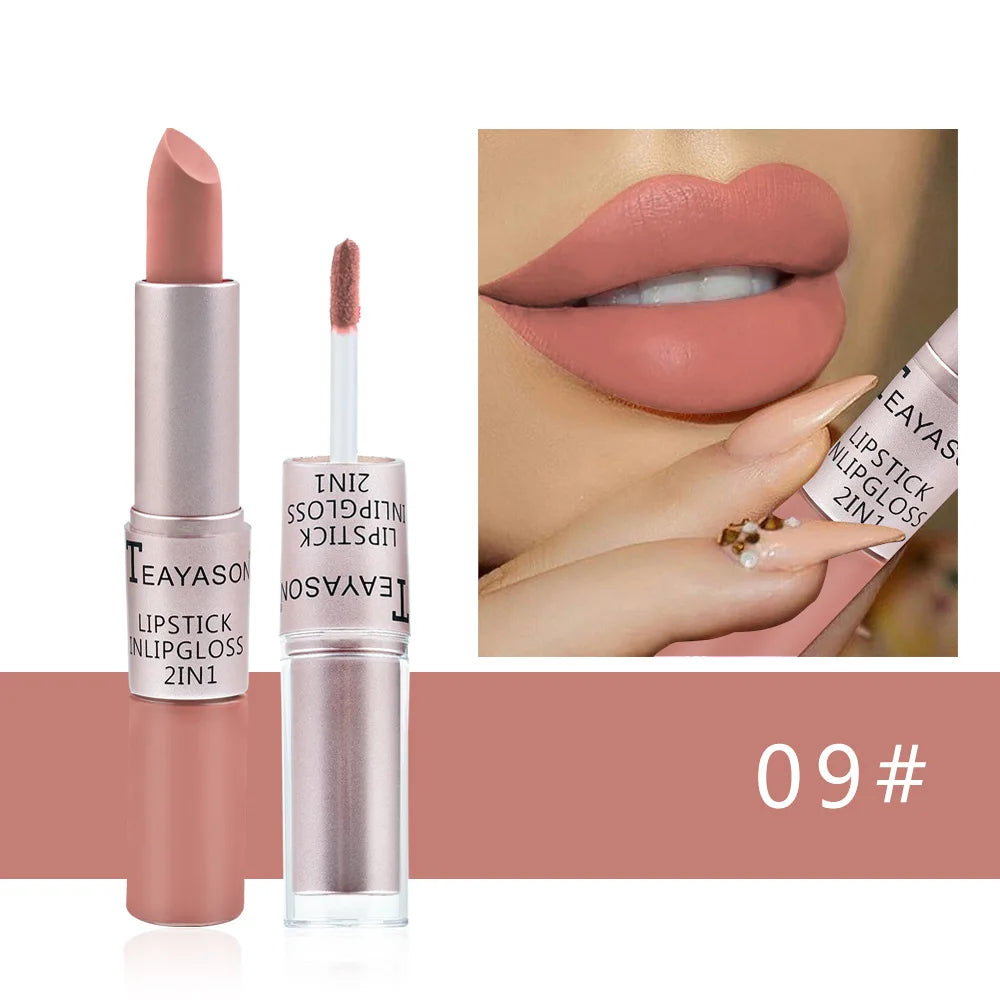 2-in-1 Matte Red Lipstick  Gloss - Long Lasting Velvet Waterproof Makeup - ZOOMNSTORE