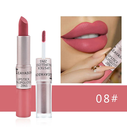 2-in-1 Matte Red Lipstick  Gloss - Long Lasting Velvet Waterproof Makeup - ZOOMNSTORE