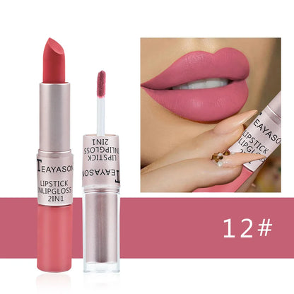 2-in-1 Matte Red Lipstick  Gloss - Long Lasting Velvet Waterproof Makeup - ZOOMNSTORE