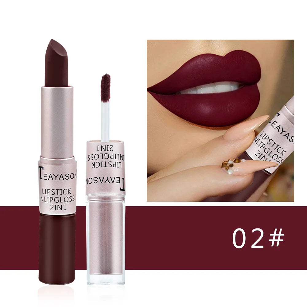 2-in-1 Matte Red Lipstick  Gloss - Long Lasting Velvet Waterproof Makeup - ZOOMNSTORE