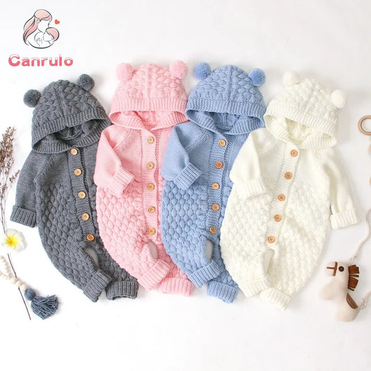 2020 Autumn Winter Newborn Sweater Baby Boy Girl Clothes Romper Bear Ear Knit Hooded Jumpsuit Outfit Clothing - ZOOMNSTORE