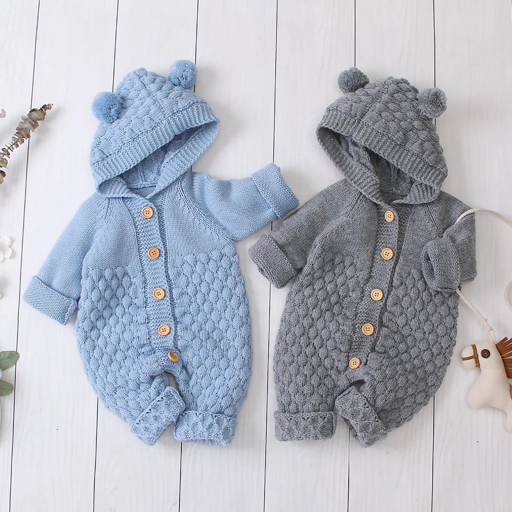 2020 Autumn Winter Newborn Sweater Baby Boy Girl Clothes Romper Bear Ear Knit Hooded Jumpsuit Outfit Clothing - ZOOMNSTORE