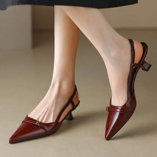 2024 Summer Womens Patent Leather Slip-On Pointed Toe Mid Heel Sandals - ZOOMNSTORE