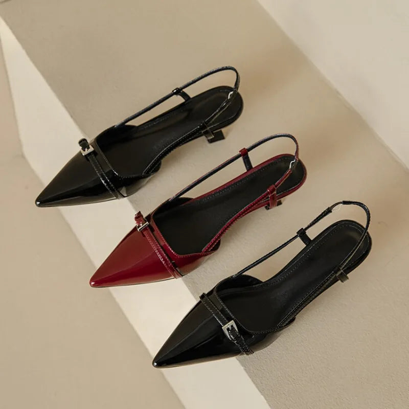 2024 Summer Womens Patent Leather Slip-On Pointed Toe Mid Heel Sandals - ZOOMNSTORE