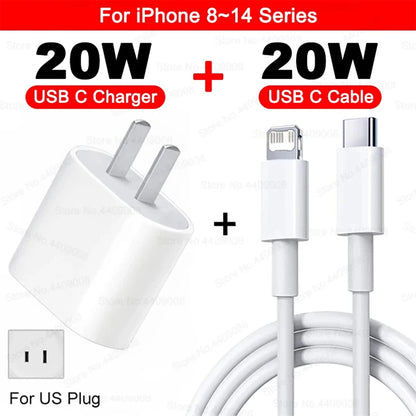 US EU Adapter 20W PD Fast Charger For iPhone 13 12 11 14 15 16 Pro Max Plus Fast Charging USB C Charger Type C Cable Accessories - ZOOMNSTORE