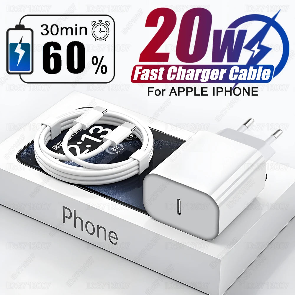 US EU Adapter 20W PD Fast Charger For iPhone 13 12 11 14 15 16 Pro Max Plus Fast Charging USB C Charger Type C Cable Accessories - ZOOMNSTORE
