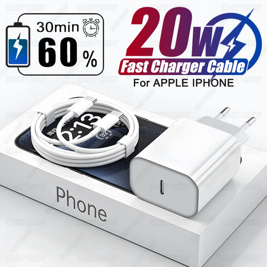 US EU Adapter 20W PD Fast Charger For iPhone 13 12 11 14 15 16 Pro Max Plus Fast Charging USB C Charger Type C Cable Accessories - ZOOMNSTORE