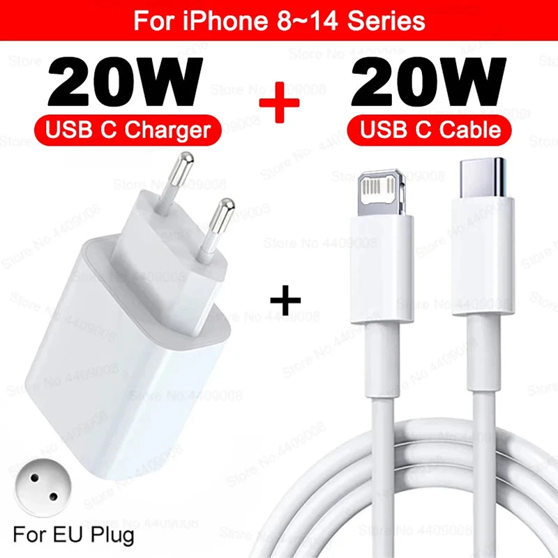 US EU Adapter 20W PD Fast Charger For iPhone 13 12 11 14 15 16 Pro Max Plus Fast Charging USB C Charger Type C Cable Accessories - ZOOMNSTORE