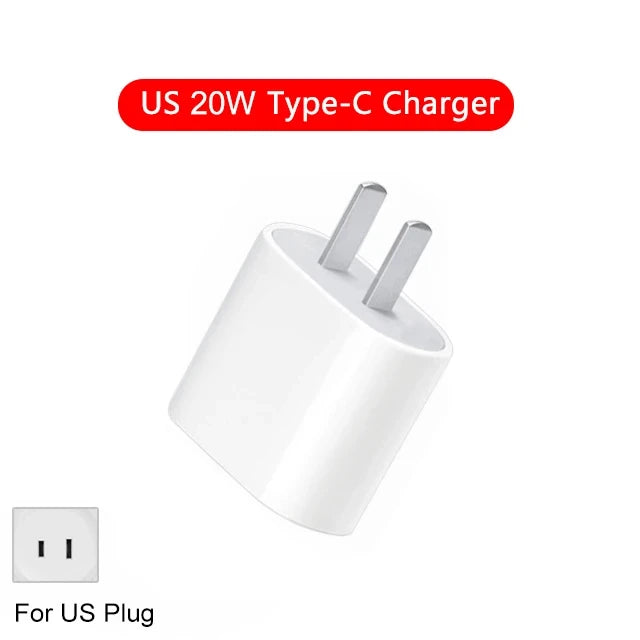 US EU Adapter 20W PD Fast Charger For iPhone 13 12 11 14 15 16 Pro Max Plus Fast Charging USB C Charger Type C Cable Accessories - ZOOMNSTORE