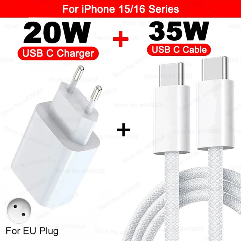 US EU Adapter 20W PD Fast Charger For iPhone 13 12 11 14 15 16 Pro Max Plus Fast Charging USB C Charger Type C Cable Accessories - ZOOMNSTORE
