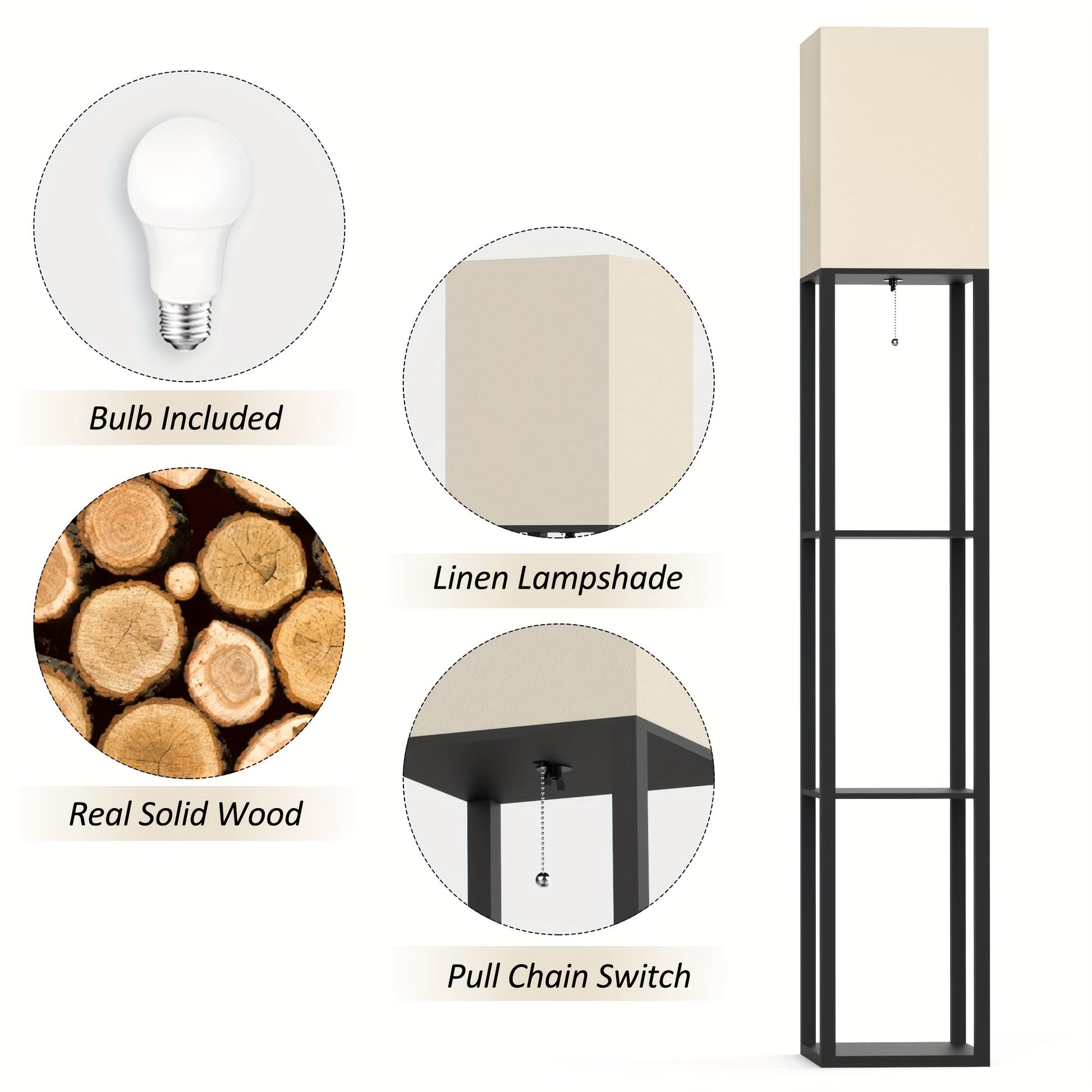 Solid Wood Floor Lamp with Shelves - 629 Height Includes Bulb Ideal for Holidays - ZOOMNSTORE