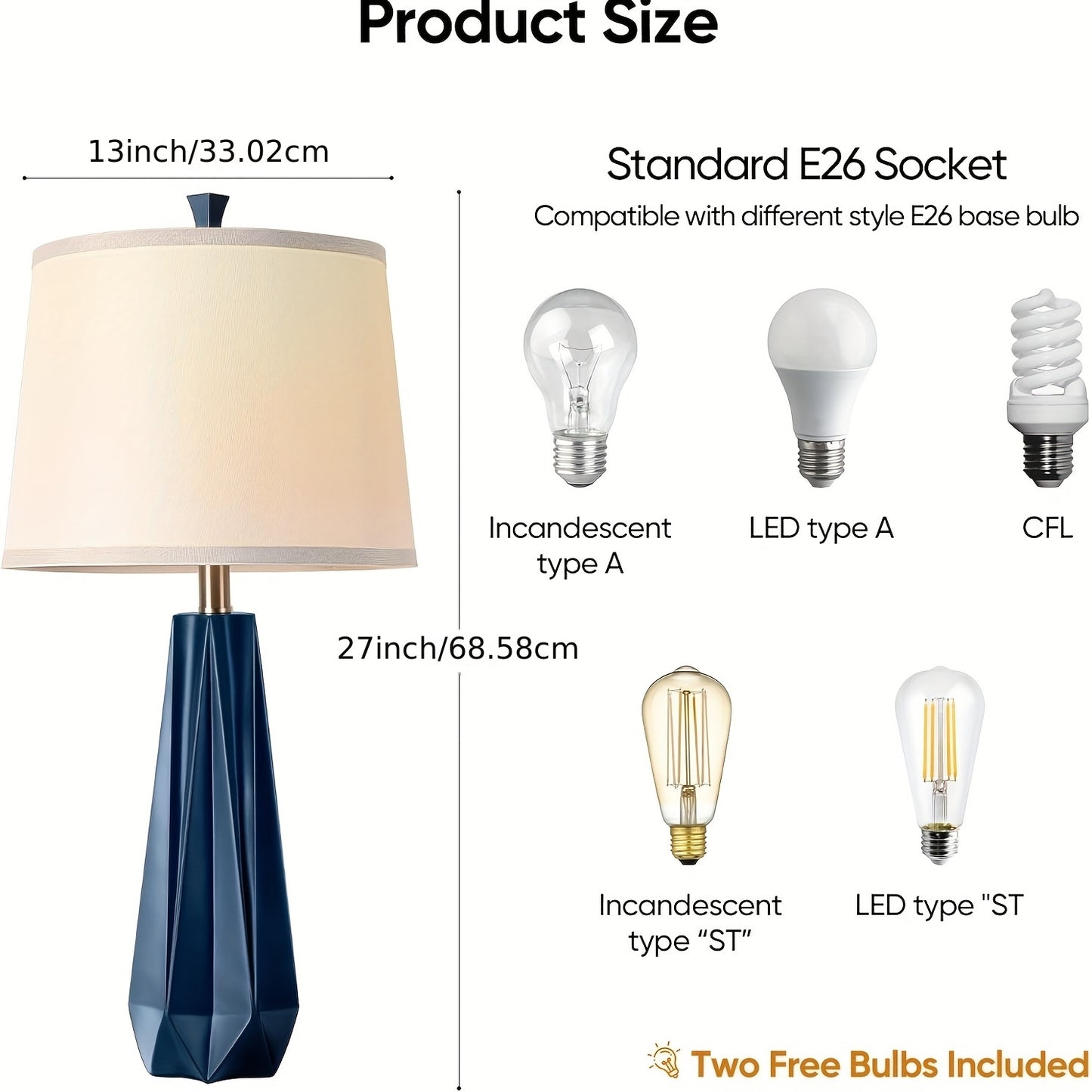 Modern Navy Blue Table Lamps - Touch Control Uplight with Linen Shade 3 Color Temperature Settings 2 Bulbs Included - ZOOMNSTORE