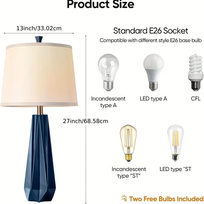 Modern Navy Blue Table Lamps - Touch Control Uplight with Linen Shade 3 Color Temperature Settings 2 Bulbs Included - ZOOMNSTORE