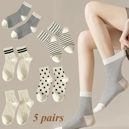 [Cotton Socks for Women] 5 Pairs Soft and Comfortable Cotton Socks - Women's Mid-calf Striped Dot Pattern Socks for Daily Wear - ZOOMNSTORE