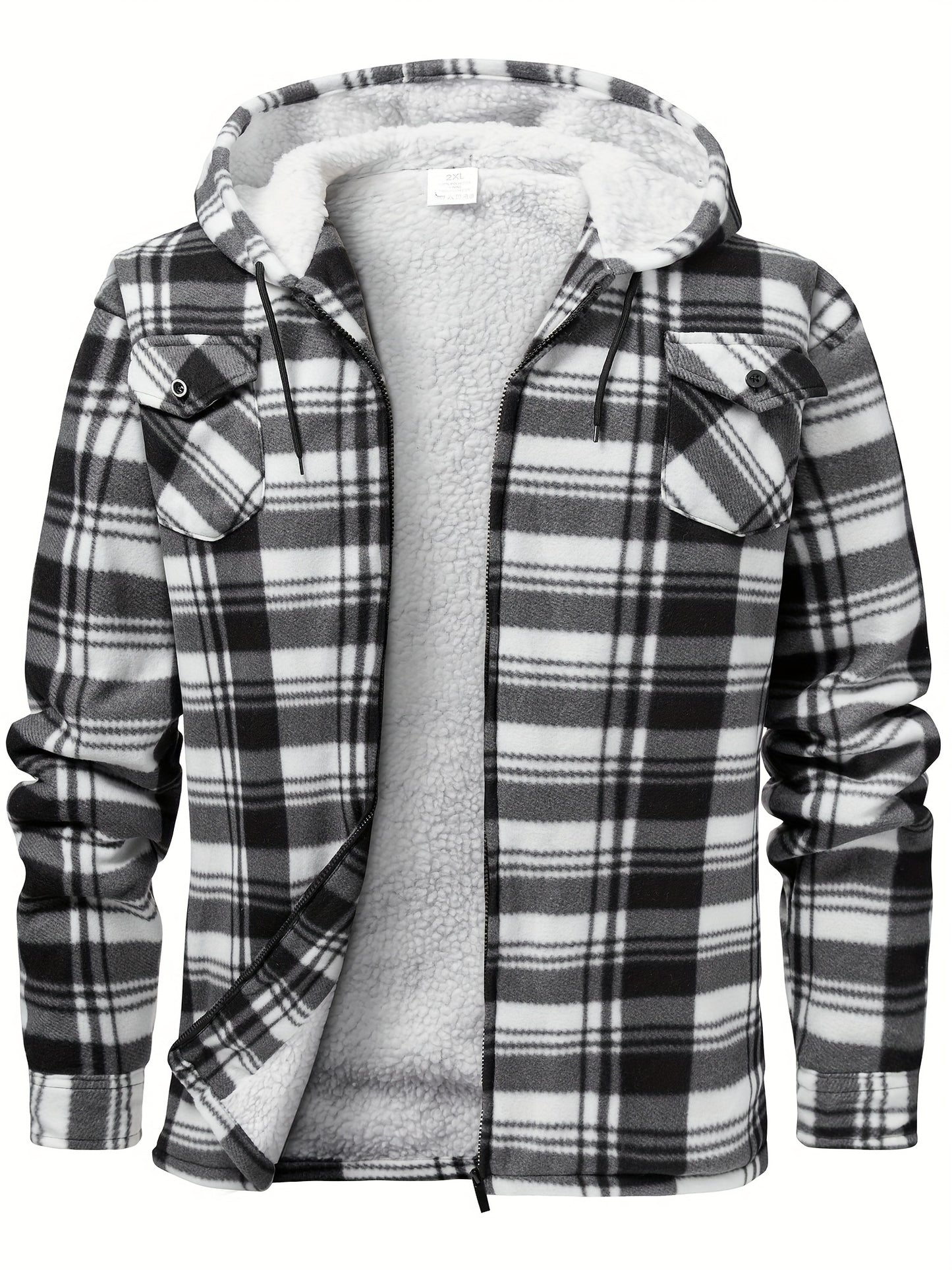 Men's fleece hooded casual fashion plaid zipper jacket - ZOOMNSTORE