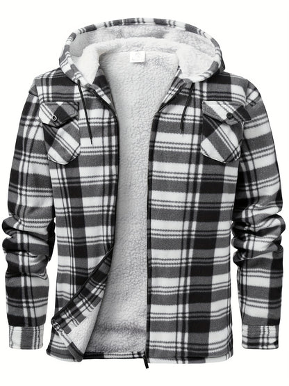 Men's fleece hooded casual fashion plaid zipper jacket - ZOOMNSTORE