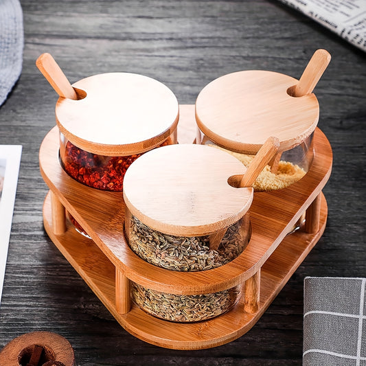 Glass Spice Jar Set - Multifunctional Condiment Storage with Wooden Lid  Stand - ZOOMNSTORE