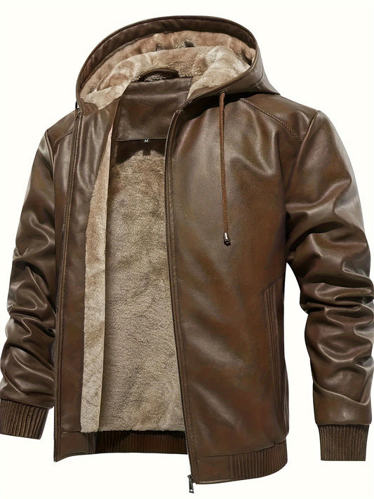 Mens Hooded Windproof PU Leather Jacket - Outdoor Anorak Fashion - ZOOMNSTORE