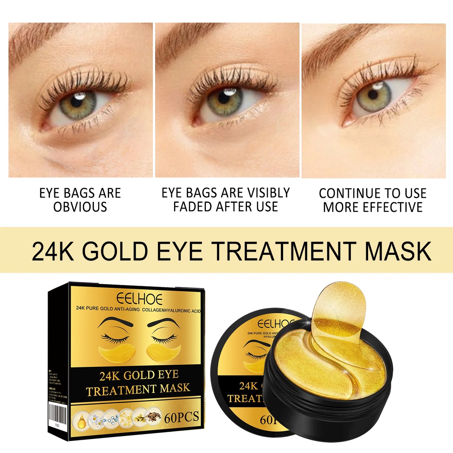 24K Gold Eye Masks - 60PCS Anti-Dark Circles Moisturizing Firming Patches - ZOOMNSTORE