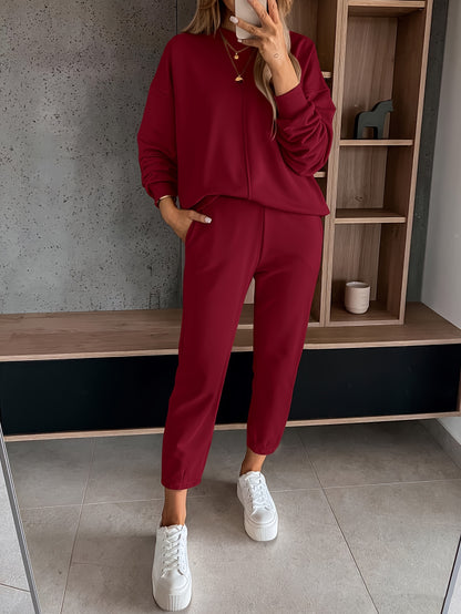 Womens Long Sleeve Pullover  Jogging Pants Set - Casual Autumn Winter Commuting Outfit with Pockets - ZOOMNSTORE
