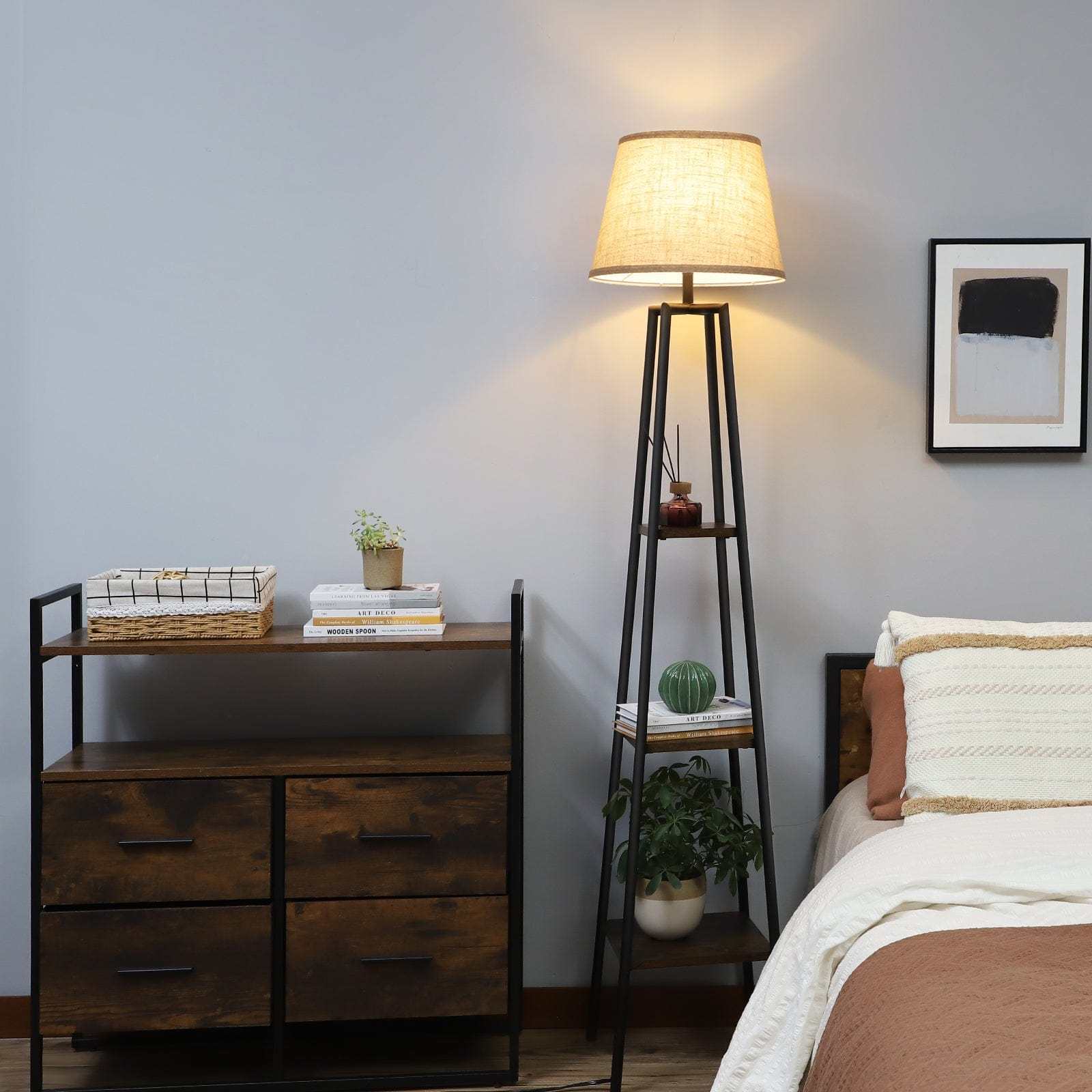 Rustic Farmhouse Floor Lamp with Multi-Tiered Shelves  Beige Linen Shade - Stylish Design for Living Room Bedroom or Office - ZOOMNSTORE