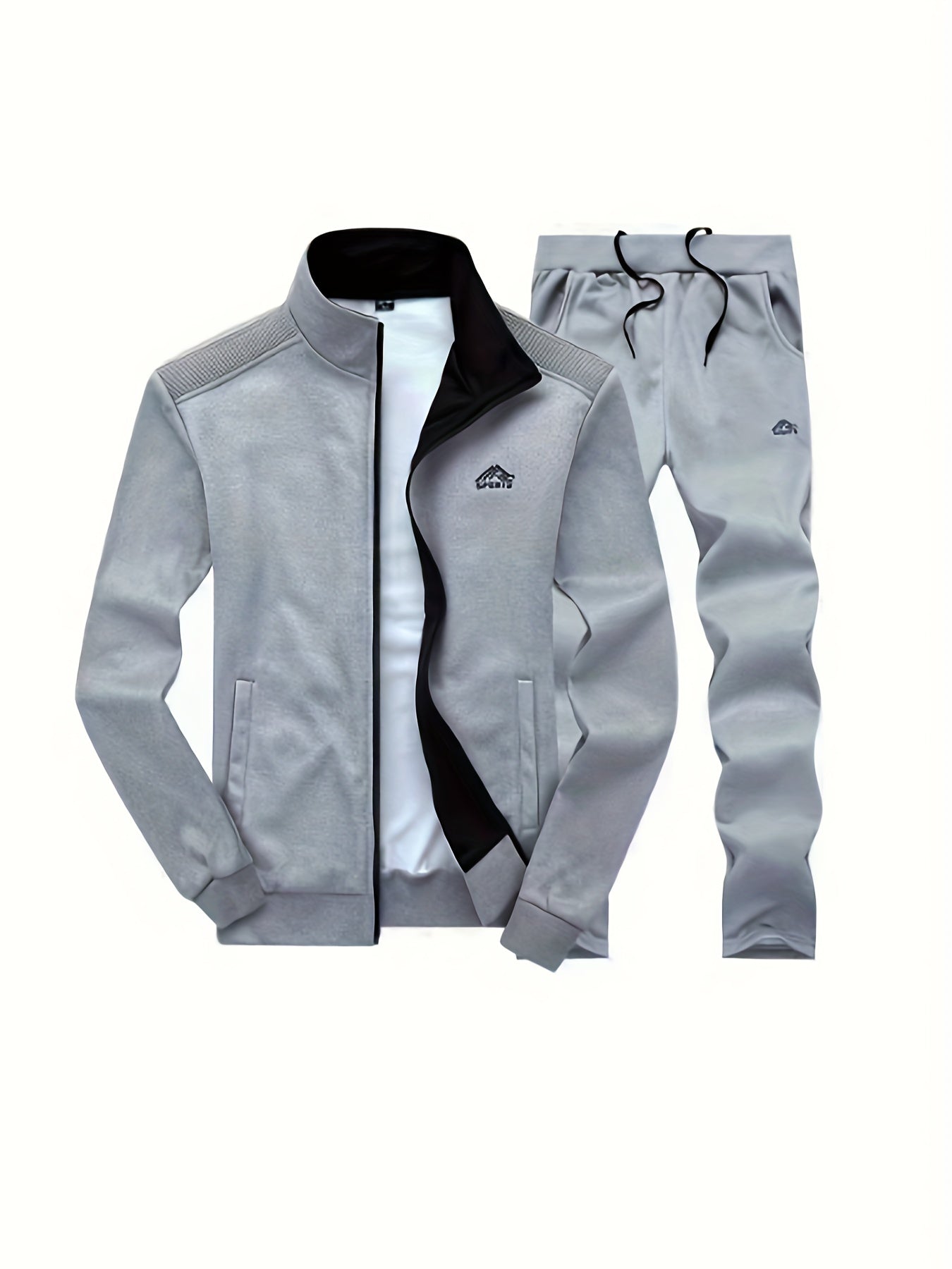 2pcs Embroidered Stand Collar Zip Up Jacket & Elastic Waist Drawstring Pants - Men's Sportswear Set for Outdoor Activities - ZOOMNSTORE