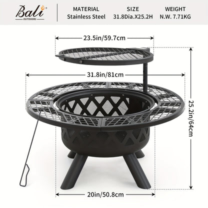 Bali Outdoors Round Wood Burning Fire Pit - Sturdy Steel BBQ Pit for Backyard Parties - ZOOMNSTORE