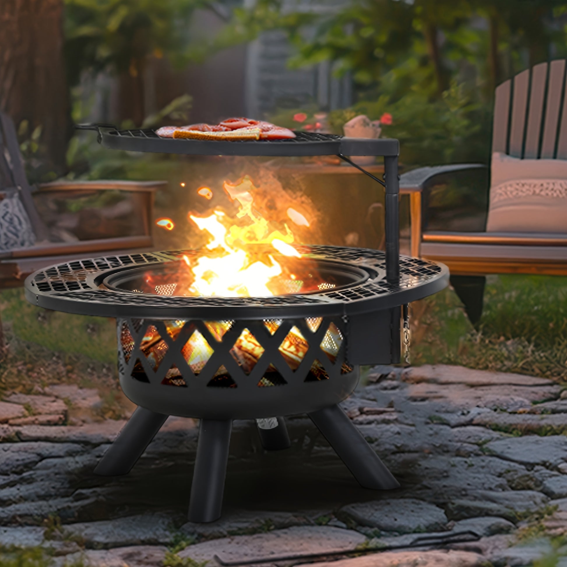 Bali Outdoors Round Wood Burning Fire Pit - Sturdy Steel BBQ Pit for Backyard Parties - ZOOMNSTORE