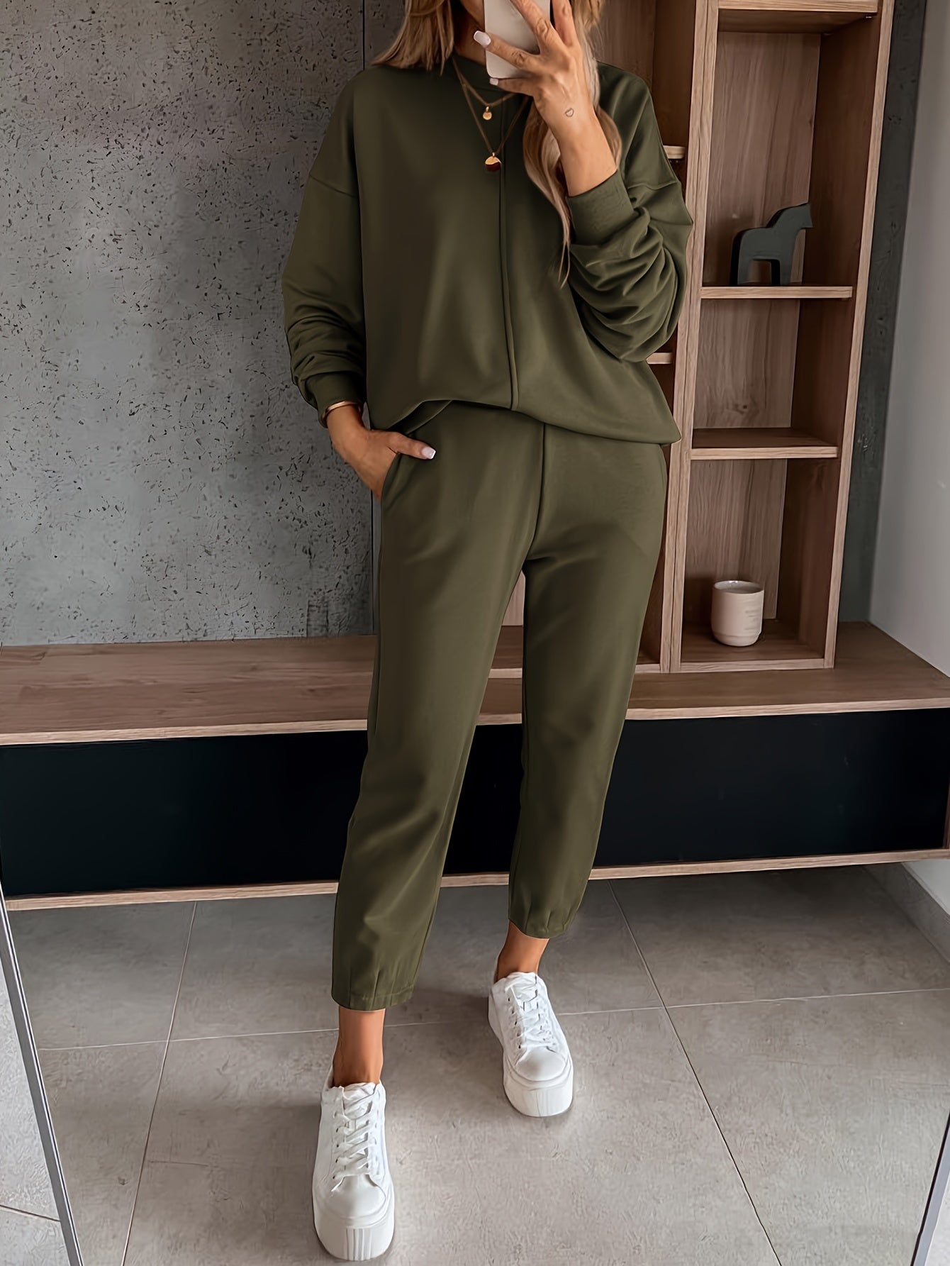 Womens Long Sleeve Pullover  Jogging Pants Set - Casual Autumn Winter Commuting Outfit with Pockets - ZOOMNSTORE