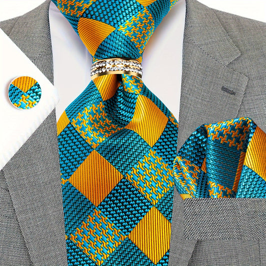 Mens Golden Plaid Tie Set - Necktie Pocket Square  Cufflinks - ZOOMNSTORE