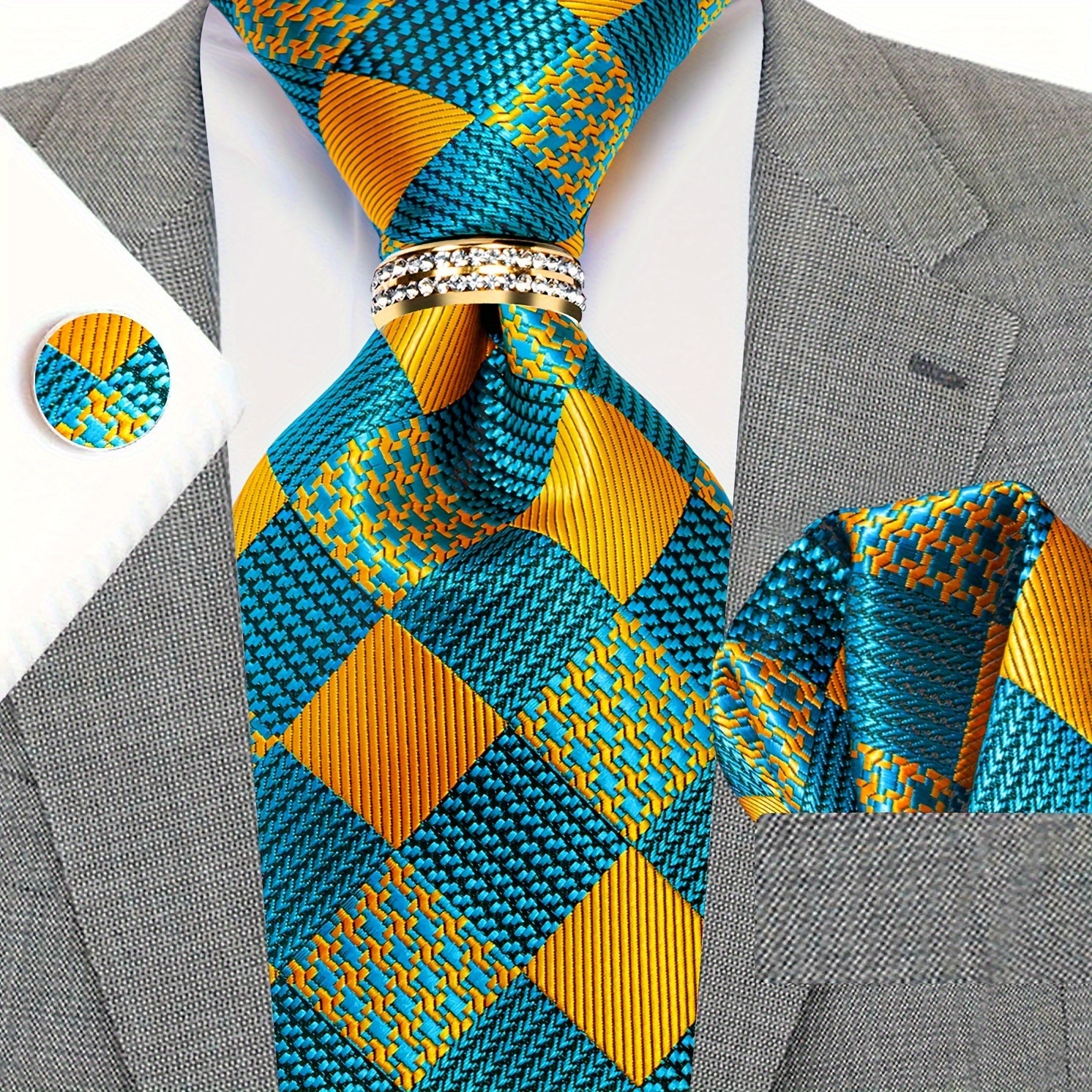 Mens Golden Plaid Tie Set - Necktie Pocket Square  Cufflinks - ZOOMNSTORE