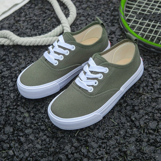 Kids Low Top White Canvas Sneakers - Lace Up Casual Shoes - ZOOMNSTORE