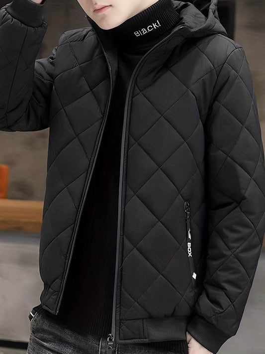 Warm Winter Plush Hooded Jacket, Men's Casual Zip Up Warm Quilted Jacket For Fall Winter Outdoor - ZOOMNSTORE