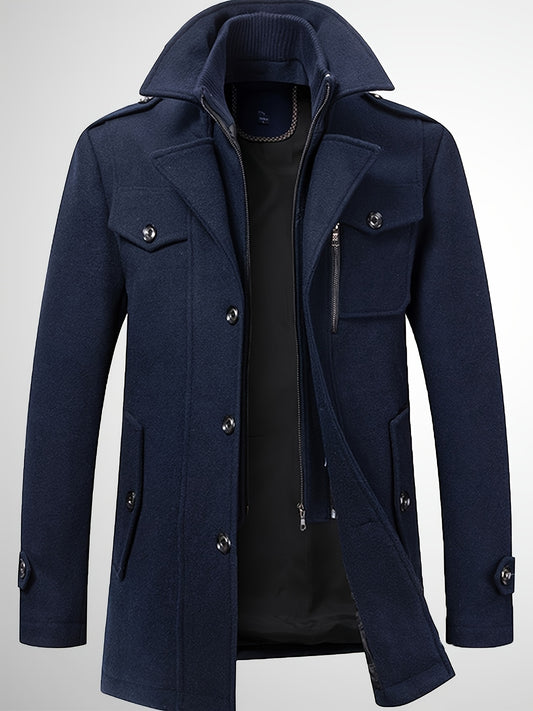 Mens Wool Blend Double Collar Trench Coat - Winter Warm Insulated Pea Coat - ZOOMNSTORE