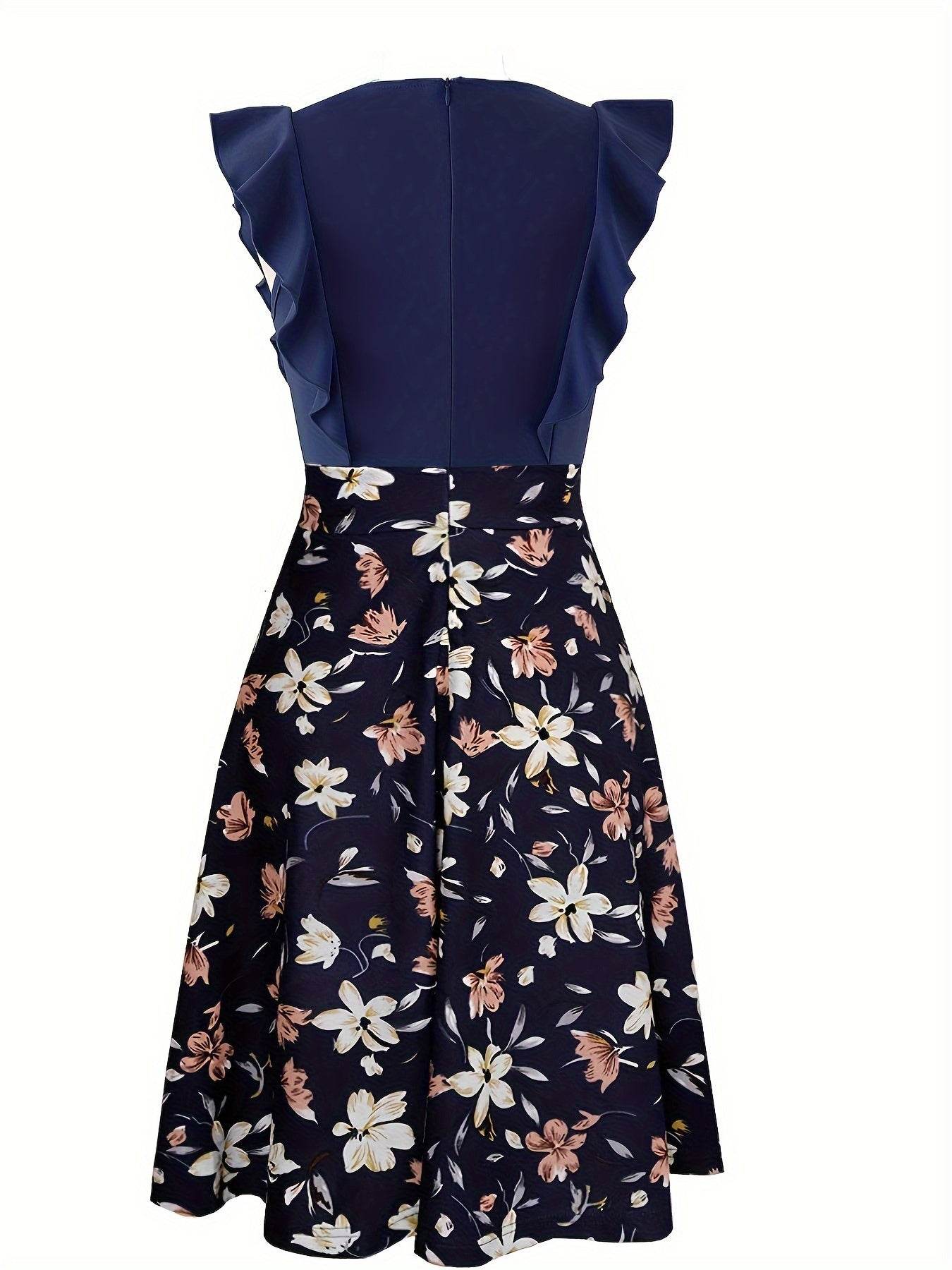 Elegant Floral Midi Dress for Women - Navy Blue with Ruffled Sleeves, Keyhole Neckline, and Stretchy Polyester Blend, Machine Washable, Perfect for All Seasons - ZOOMNSTORE