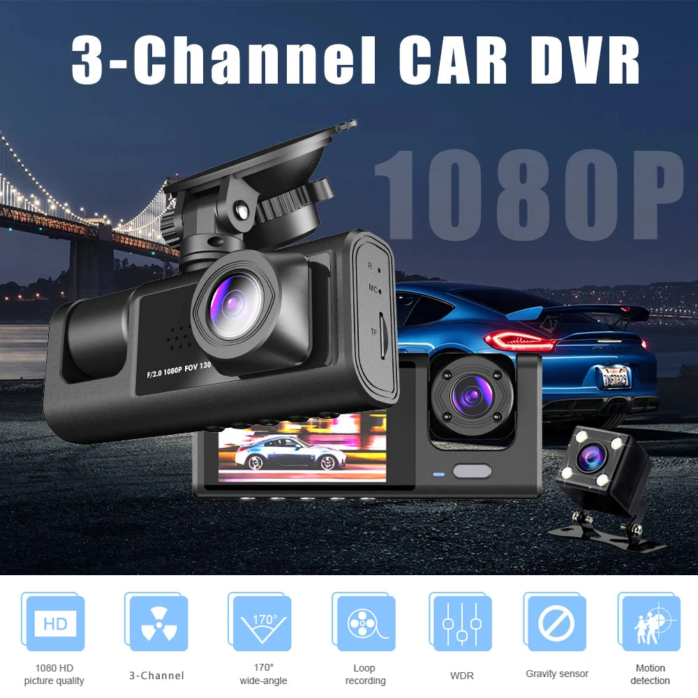 3-Channel HD 1080P Dash Cam - Inside Vehicle DVR with Three-Lens Camcorder - ZOOMNSTORE